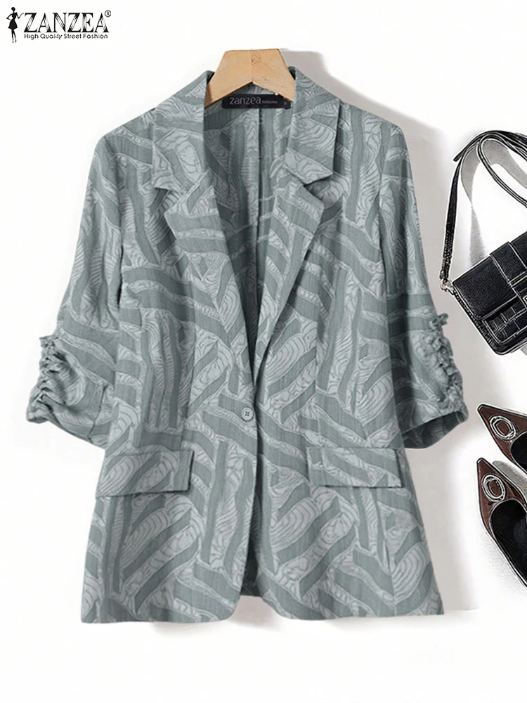 ZANZEA 2025 Elegante Büro Dame Blazer Frauen Mäntel Streetwear Herbst 3/4 Hülse Drucken Stilvolle Strickjacken Beiläufige Lose Tunika Anzüge