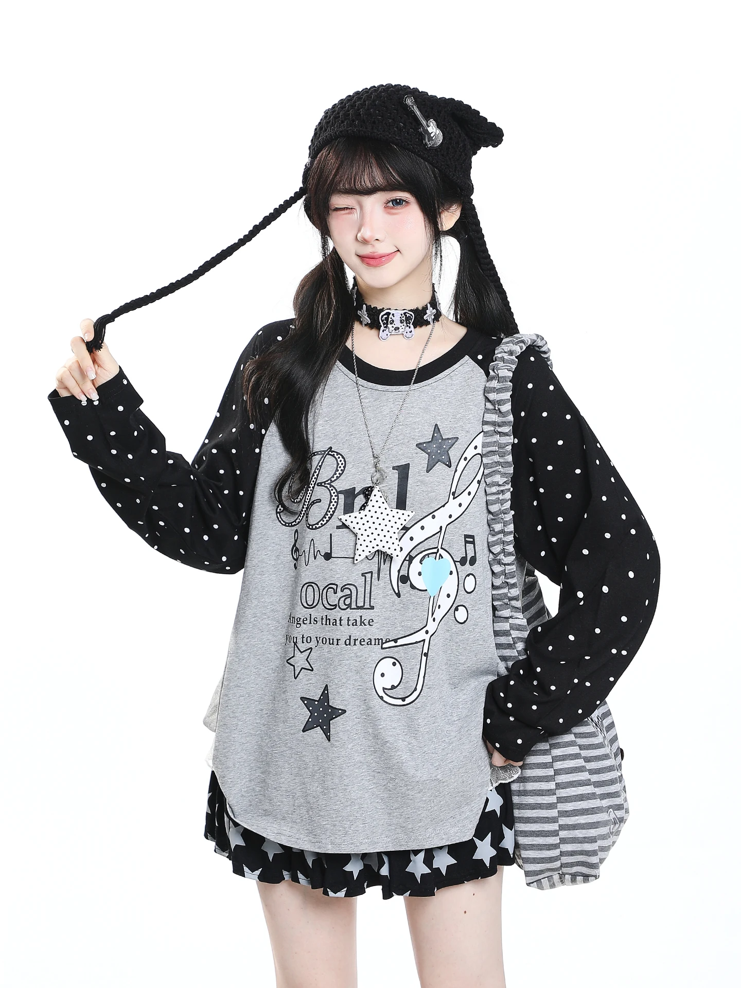 Loose Long Sleeve T-Shirt Women's Casual Style Note Print Polka Dot Splicing Autumn Unique Beautiful Ladies' Top