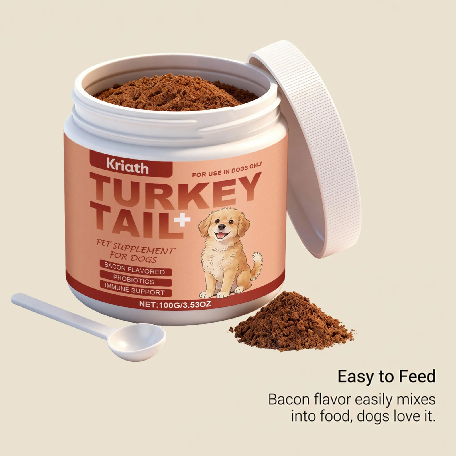 Turkey Tail Mushroom Powder for Dogs, Bacon Flavor Pet Immune Support Joint Hip Gut Health Supplement, Skin Coat Care Powder 3