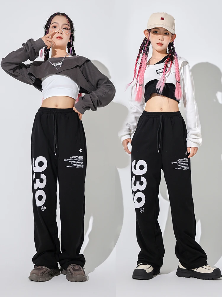 New Girls Jazz Dance Costume Long Sleeves Crop Tops Vest Black Sweatpants Hip Hop Practice Clothes Kids Performance Wear BL11623