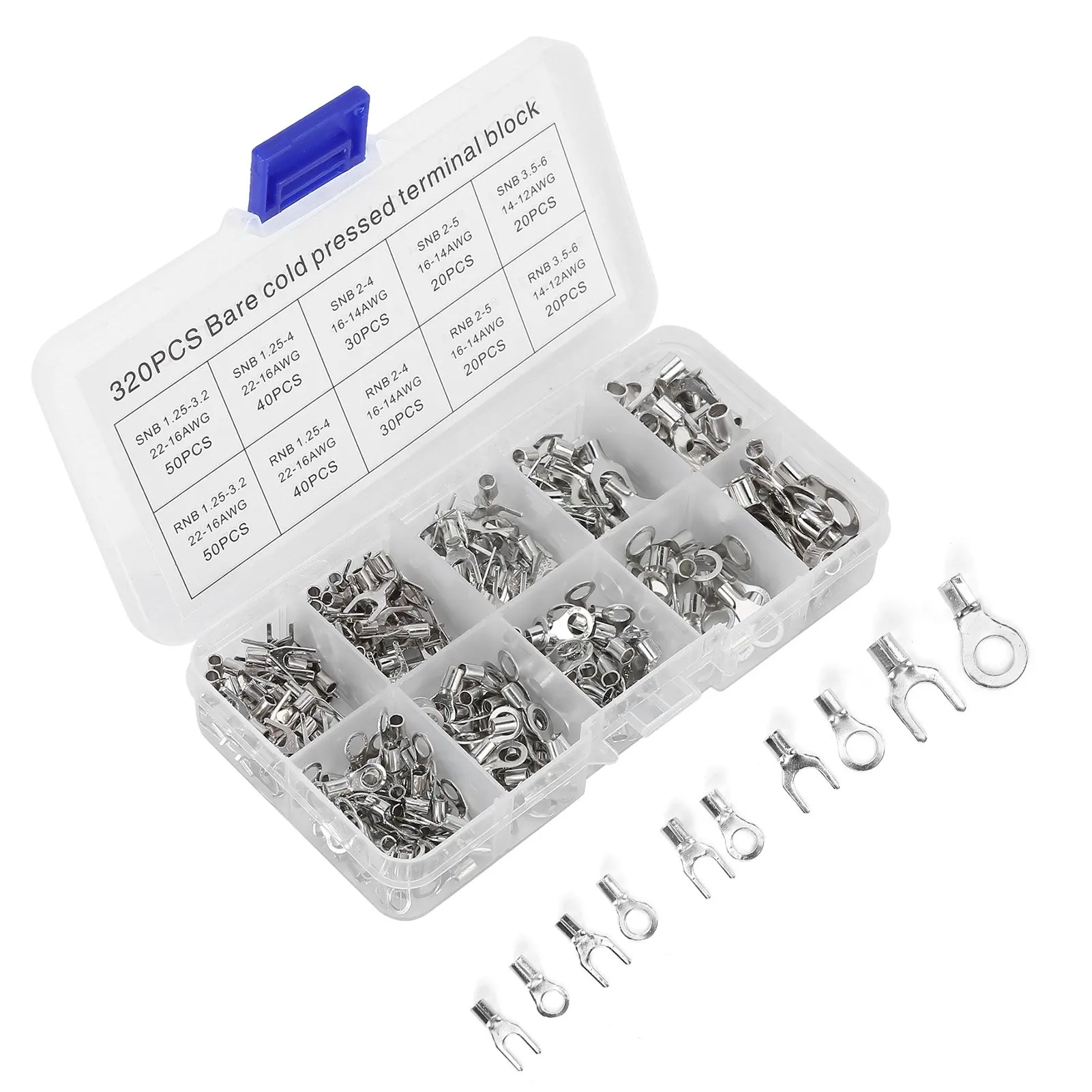 320Pcs Non Insulated Ring Terminals Copper Fork OT/UT Terminals Electric Wire Connerctor Kit