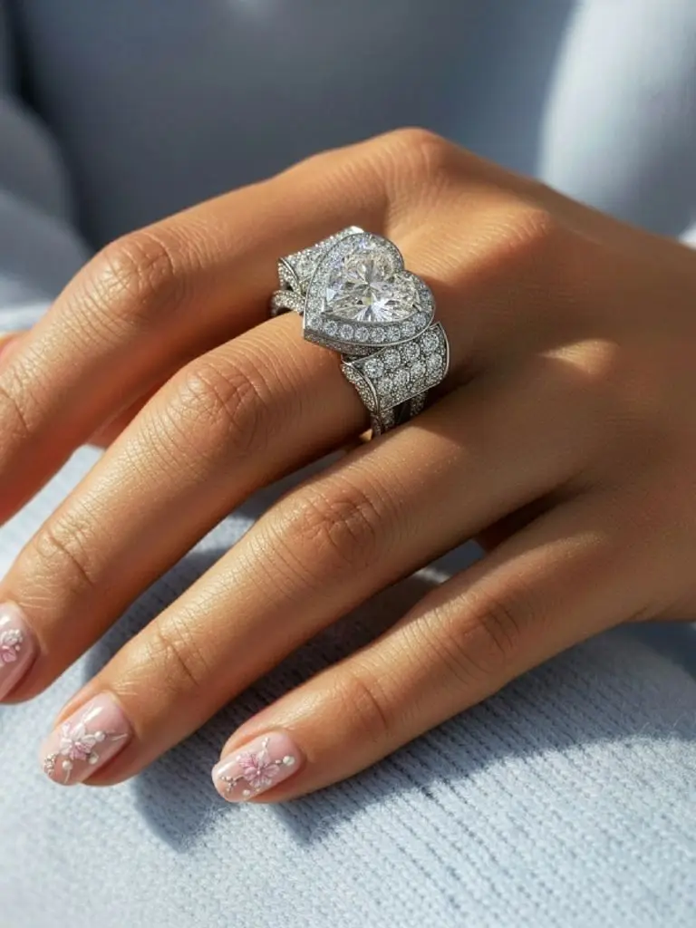 Anillo Solitario de Latón Chapado en Oro Blanco con Circonita Cúbica 6A y Halo de Corazón, Anillos de Diseño Elaborado para Mujer, Joyería de Compromiso y Boda, Regalo