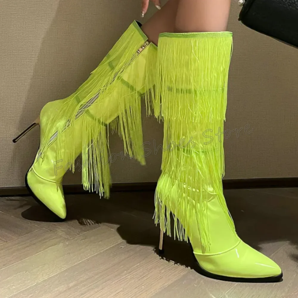 

Side Zipper Tassels Decor Pointed Toe Boots Patent leather Women Shoes Thin High Heels Party Banquet Dating 2025 Zapatos Para Mu