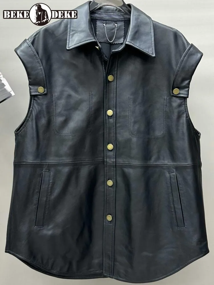 

Leisure Style Solid Color Single-Breasted Female Genuine Leather Vest Loose Sheepskin Pockets Sleeveless Fashion Outerwear