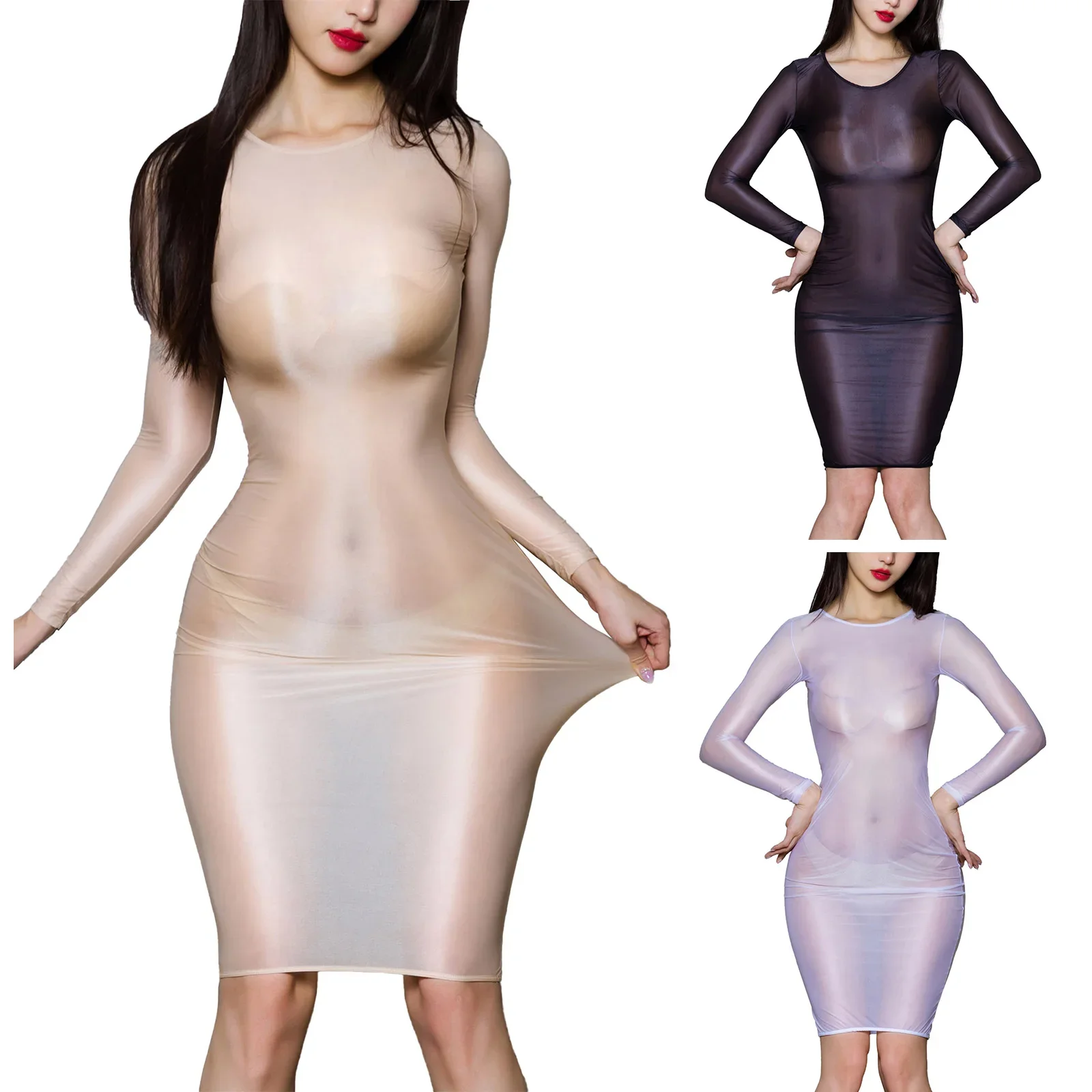 Vrouwen pure doorzichtige bodycon-jurk glanzende lange mouw hoge stretch skinny mini-jurk verleidelijke lingerie club rave feestkleding