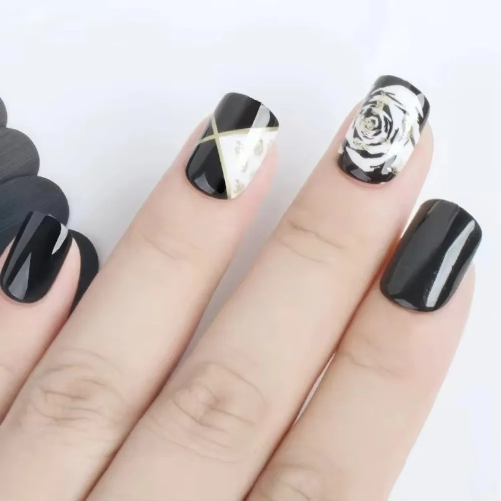 

Fengshangmei Blooming Rose Flower ABS Fake Press-On Nails Full Cover Glue for Finger Artificial False Nails Pre-designed Design