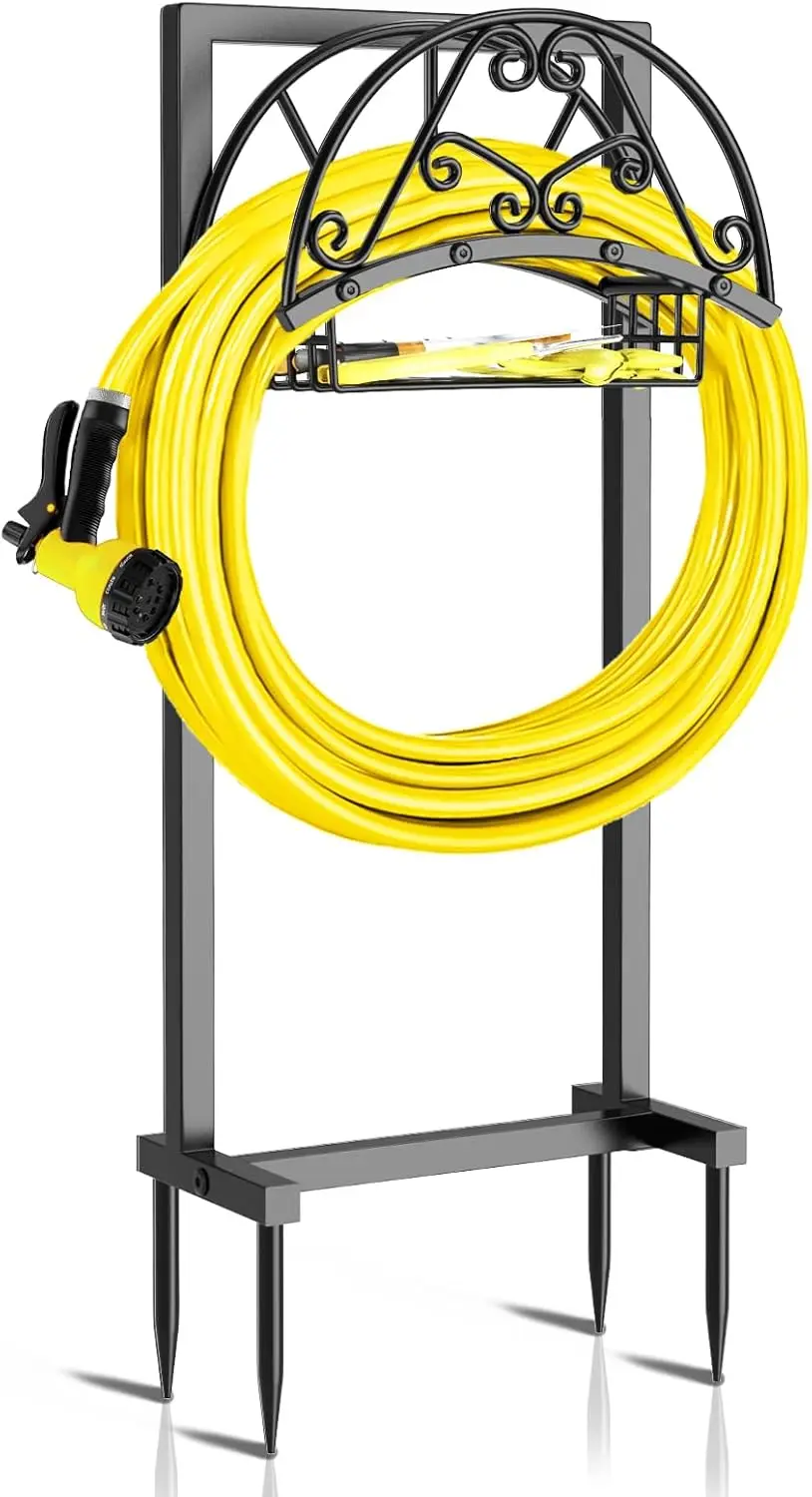 Suporte de mangueira de jardim resistente com cesta de armazenamento, suporte autônomo contém mangueira de 150 pés para quintal de gramado