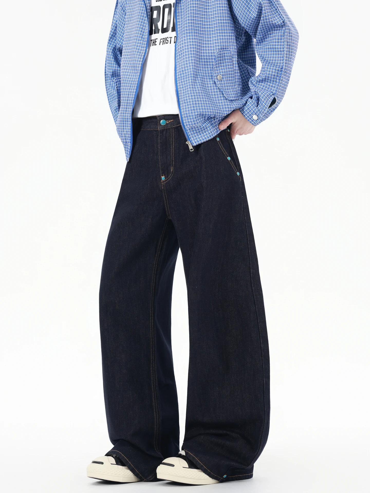 

Американские ретро бирюзовые джинсовые прямые джинсы, свободные широкие длинные брюки, повседневные, износостойкие, для повседневного использования