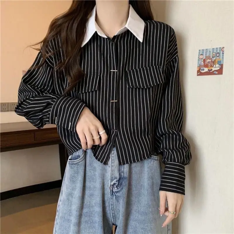 Contrast Striped Patchwork Short Blouse Spring New Polo Neck Long Sleeve Loose Fashion Shirt Tops Office Casual Women Clothing