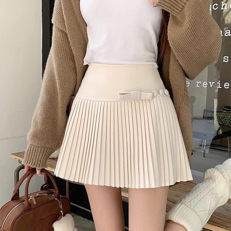 

Deeptown Pleated Skirt Woolen Women Korean Style Bow Sweet Kawaii Mini Skirt Autumn Winter Preppy Style Solid Aesthetics Skirts