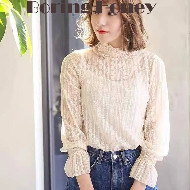 Boring Honey Sunscreen For Summer Grenadine Lace Base Shirt Bell-Bottomed Sleeve Perspective Women\'s Clothing Long Sleeves Tops