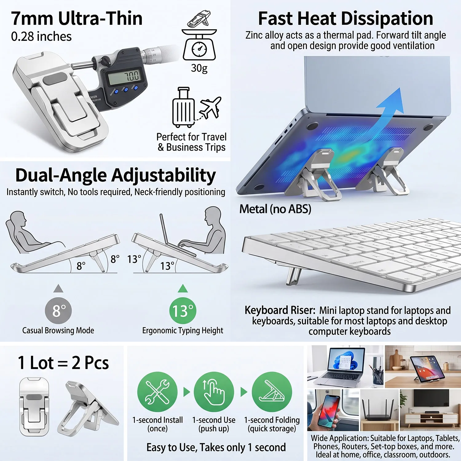 Adjustable Height Portable Laptop Stand Cooling Riser Foldable Desk Holder for Home Office Use with 1Pair Metal Bracket