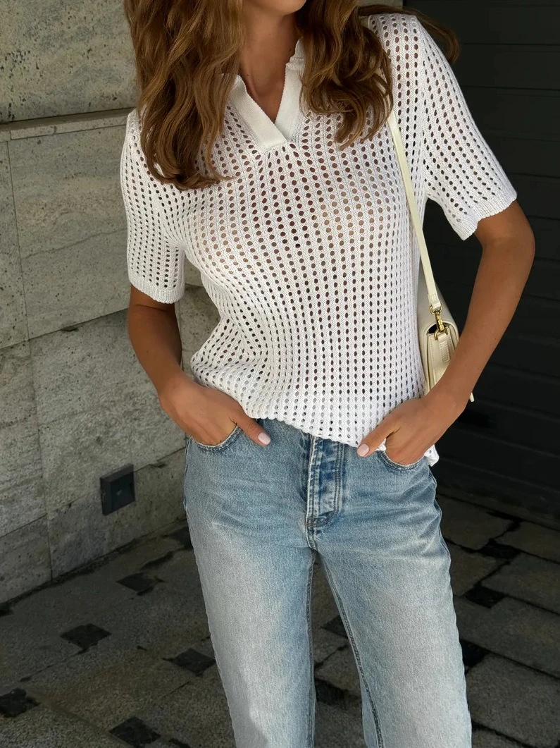 

Вязаная рубашка-поло контрастного цвета допамина в стиле поездок на работу с универсальным воротником и открытым верхом с короткими рукавами Женская одежда