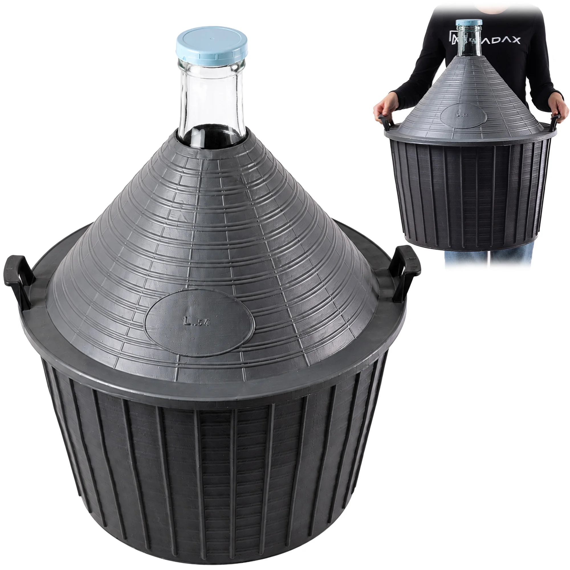 Kadax Balon Butla Gąsior per Vino in Cesto con Tappo 54 L