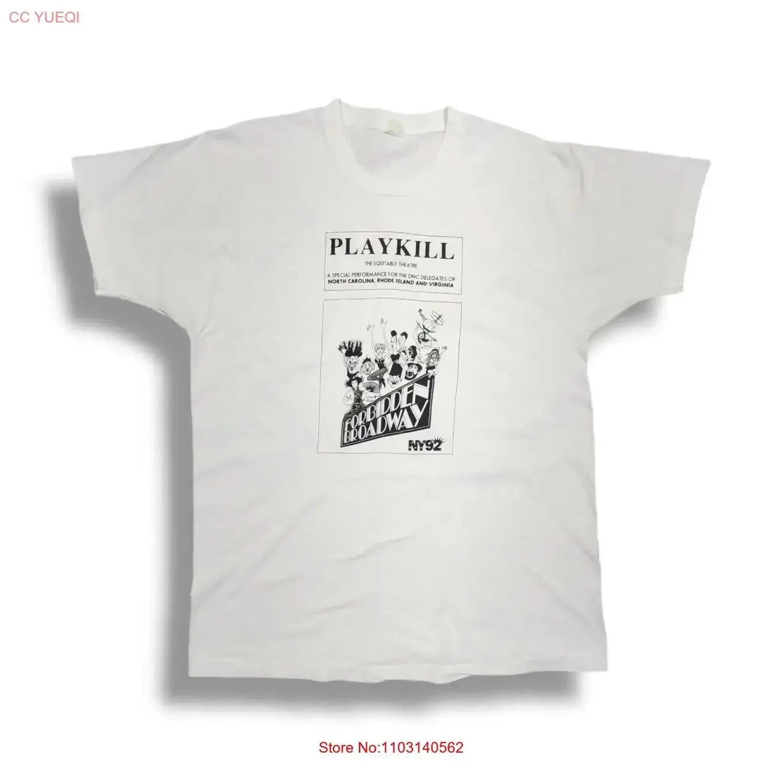 T-shirt vintage blanc PLAYKILL The Equitable Theatre 1992, taille XL, graphique délavé, mode décontractée homme vintage