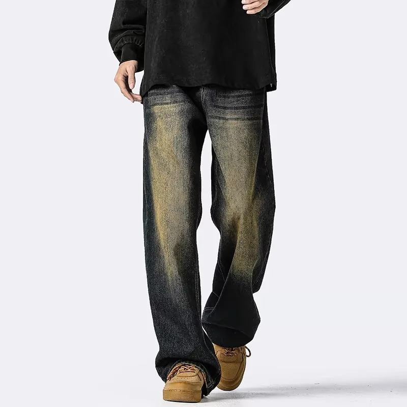 

Retro Waed Men's Jeans Loose Straight Leg Long Trousers Faionable All-Match High Waist Denim Pants for Autumn Season