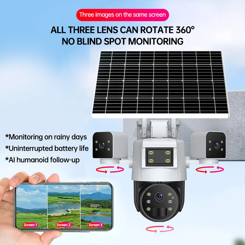 

Okampro 4G Solar Camera Outdoor Triple Screen Motion Detection Alarm Dual Battery Panel IP66 Waterproof 4G CCTV Camera