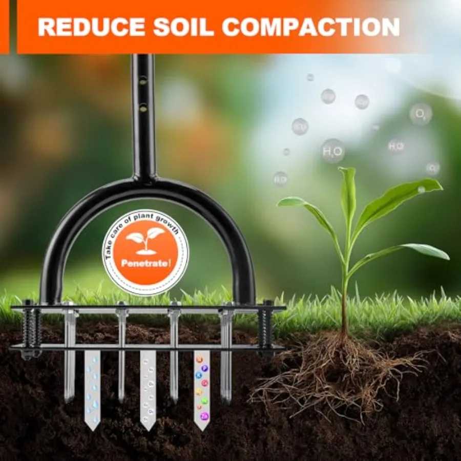 Ferramenta aerador de gramado com 16 pontas de ferro e impulso ergonômico para afrouxamento eficiente do solo e aeração de quintal, limpeza automática de sujeira