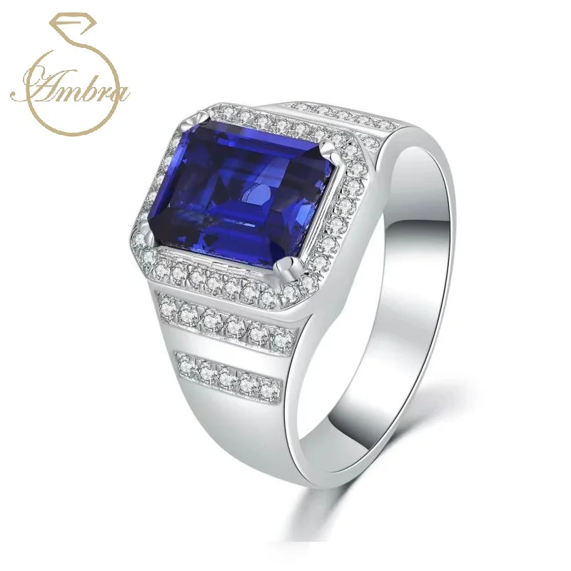 

Ambra Jewelry 6ct Blue Sapphire Moissanite Radiant Cut 925 Silver Platinum Plated 925 Sterling Silver Layer Luxury Men's Ring