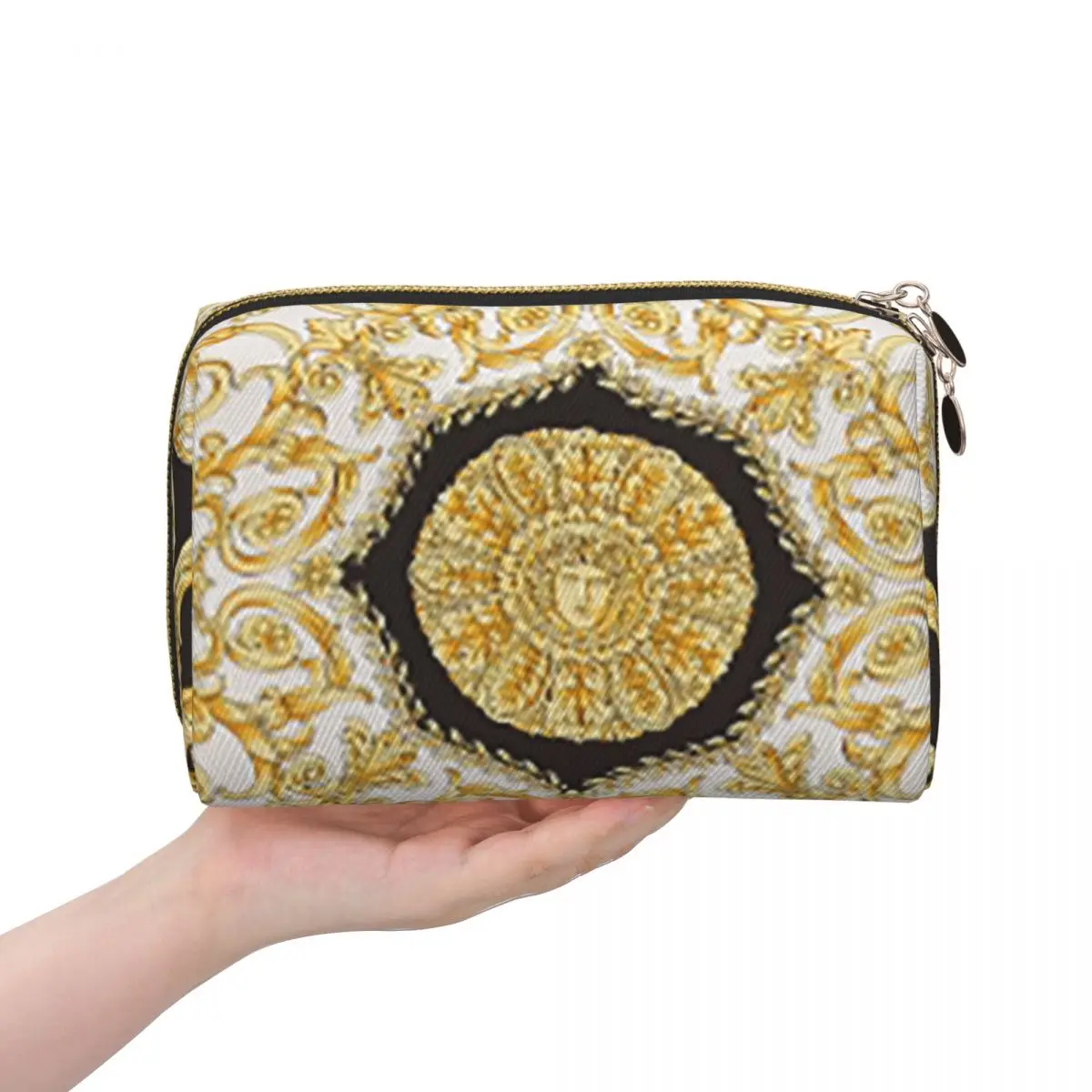 Decorative Golden Medallion Baroque Women Cosmetic Bags Travel Makeup Organizer Pouch Toiletry Storage Dopp Kit Box