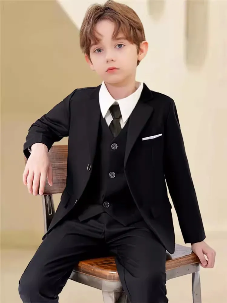 Children Black Wedding Suit Teenager Kids Piano Ceremony Tuxedo Dress Flower Boys Photograph Blazer Party Performance Costume