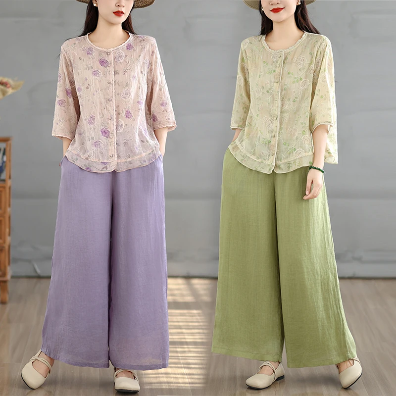 

plus Size Cotton Linen Set Casual Short Sleeve Top And Pants Two Piece Suit for Women Spring Summer New Arrival