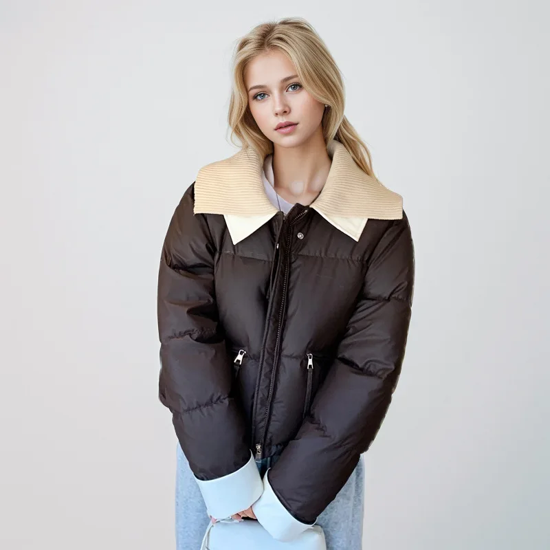 Verdikte dames winter gewatteerde jas Kleur geblokkeerde gebreide reverskraag PU-leer Damesjas Veelzijdige jas met panelen voor dames