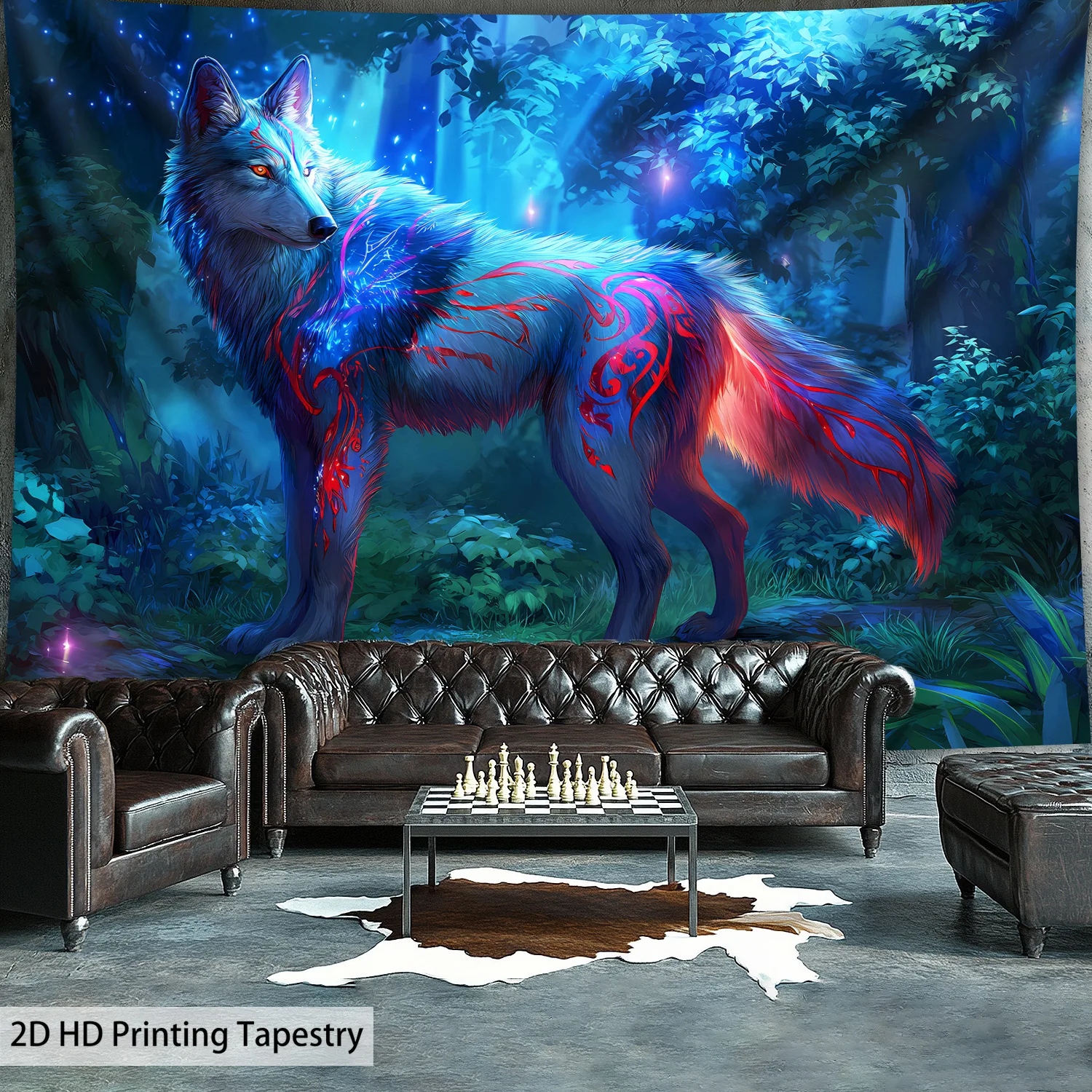 نسيج VIKAMA عالي الدقة: غابة ممتعة وولف أزرق وأرجواني متدرج جدار الفن الغامض ديكور الغرفة موضوع #2