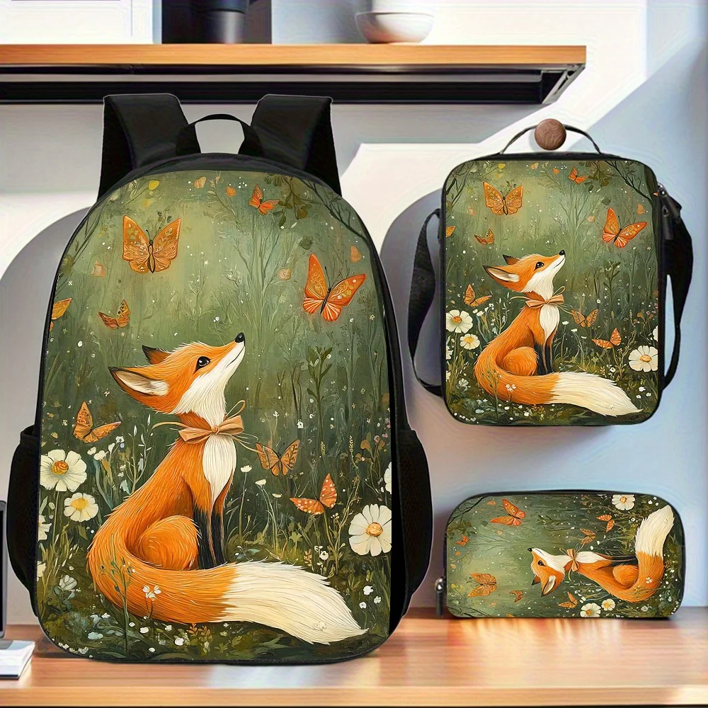 

Fox 3pcs set high version high quality backpack with student schoolbag suitable, Includes Large Capacity Casual Double Shoulder