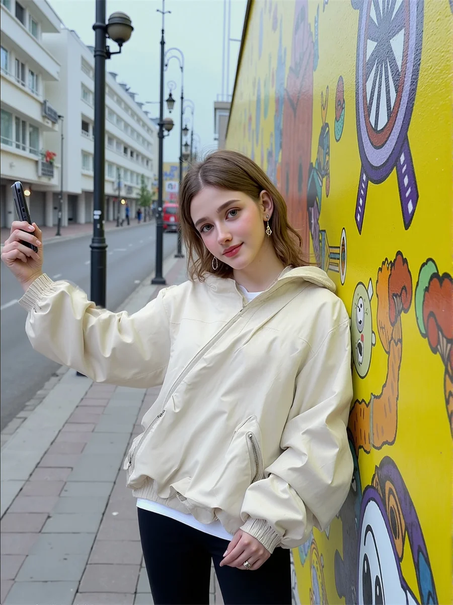 

Hooded Zipper Loose Jackets Aesthetic Top Women Summer Embellished Waisted Touring Cycling Functional Camouflage Sequined Simple