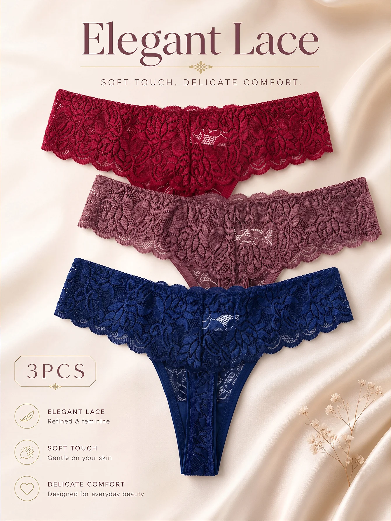 3-Pack Women's Thongs - Elegant Semi-Sheer Low-Rise G-String Underwear with Floral Lace Trim, Suitable for Daily Wear