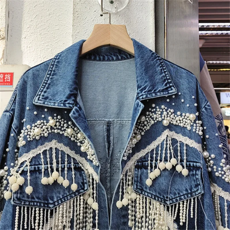 Travail lourd perles gland Denim veste femmes printemps bleu foncé ample court vêtements d'extérieur grande poche à manches longues jean veste femme