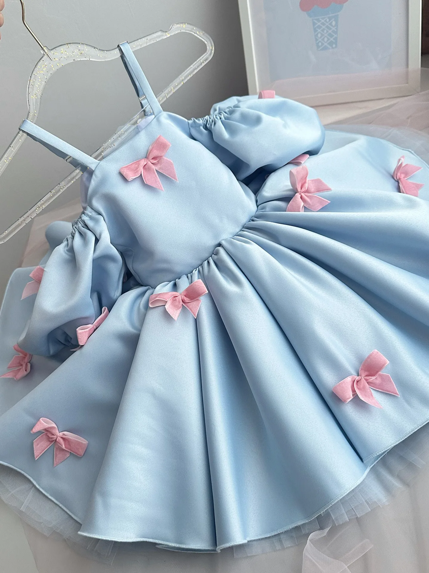 Custom Flower Girl Dress Wedding Dress Birthday Party Dress Spaghetti Strap Puffy Sleeve Bow Decor Satin Pageant Gown For Kids