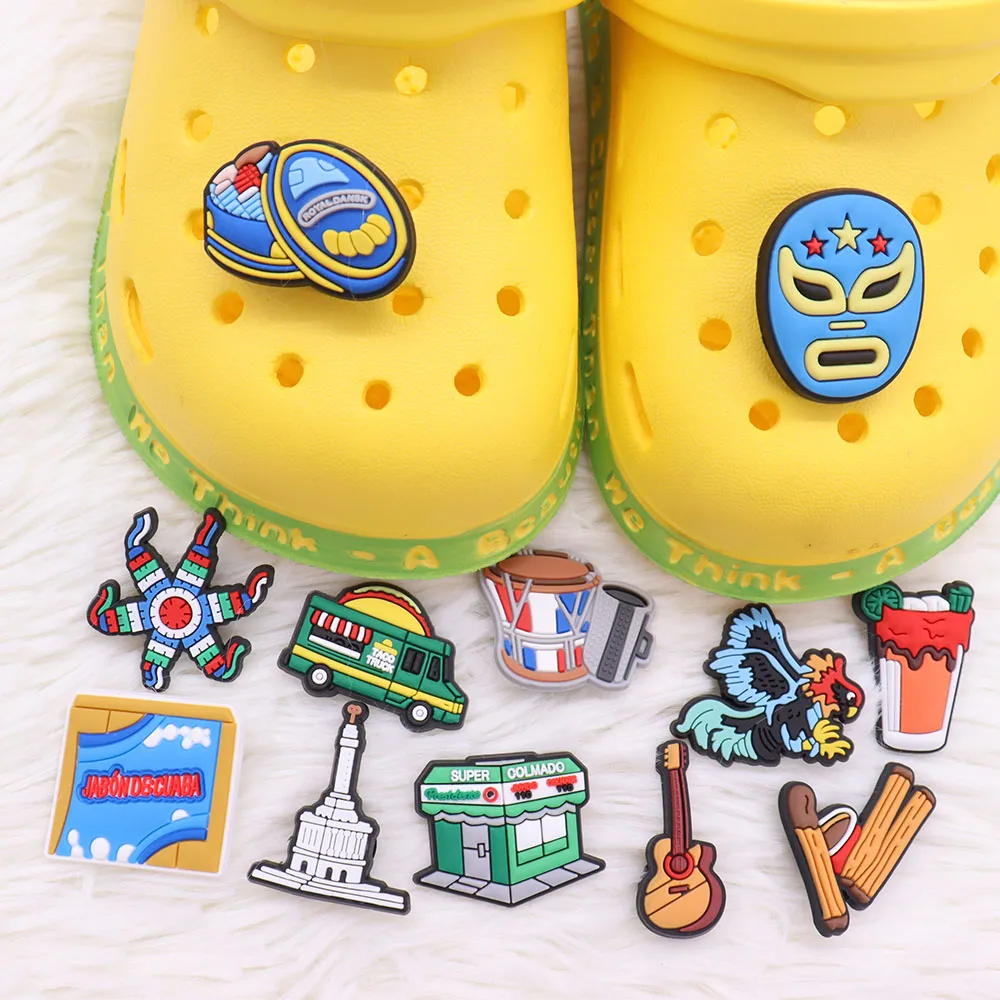 1pcs PVC Shoe Charms Fit Wristbands Mask Drink Rooster Guitar Kite Supermarket Taco Truck Hole Slipper Accessories Ornaments