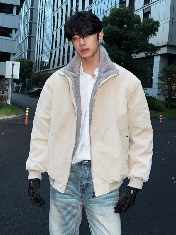 

Men's Thiened PU Leather Cotton Jaet Double Color Mink Fur Warmth Retro Winter Coat Youth Faion Loose Fit Long Sve