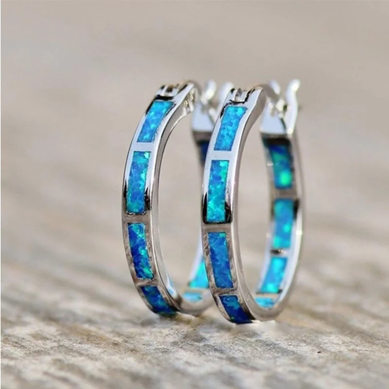 1Pair Fashion Opal Round Silver Color Hoop Earring for Women Healthy Weight Loss Earrings Yoga Energy Health Exquisite Jewelry