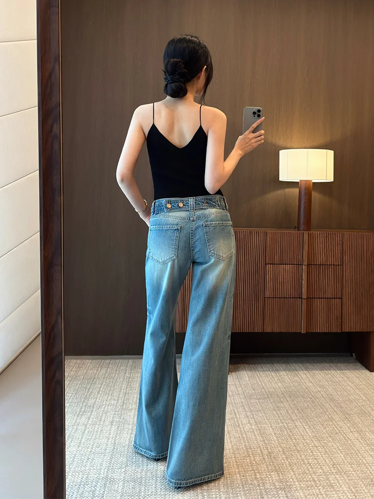 

Adjustable Waist Wide Leg Denim Pants Women's Summer New Style Elegant Drapey Loose Slimming Straight Long Trousers