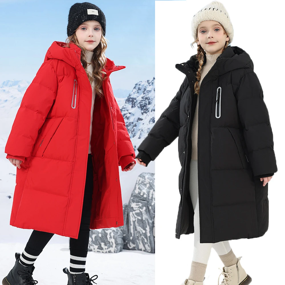 

New Kids Long down Jacket Coat Warm Hooded Puffer for Girls Black Beige Red Thickened Winter Outerwear Cold Weather Protection