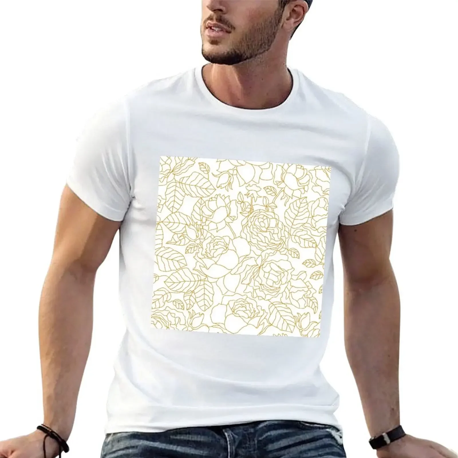 

White and golden linear pattern with blooming summer roses and leaves. T-Shirt aesthetic clothes mens designer t shirt