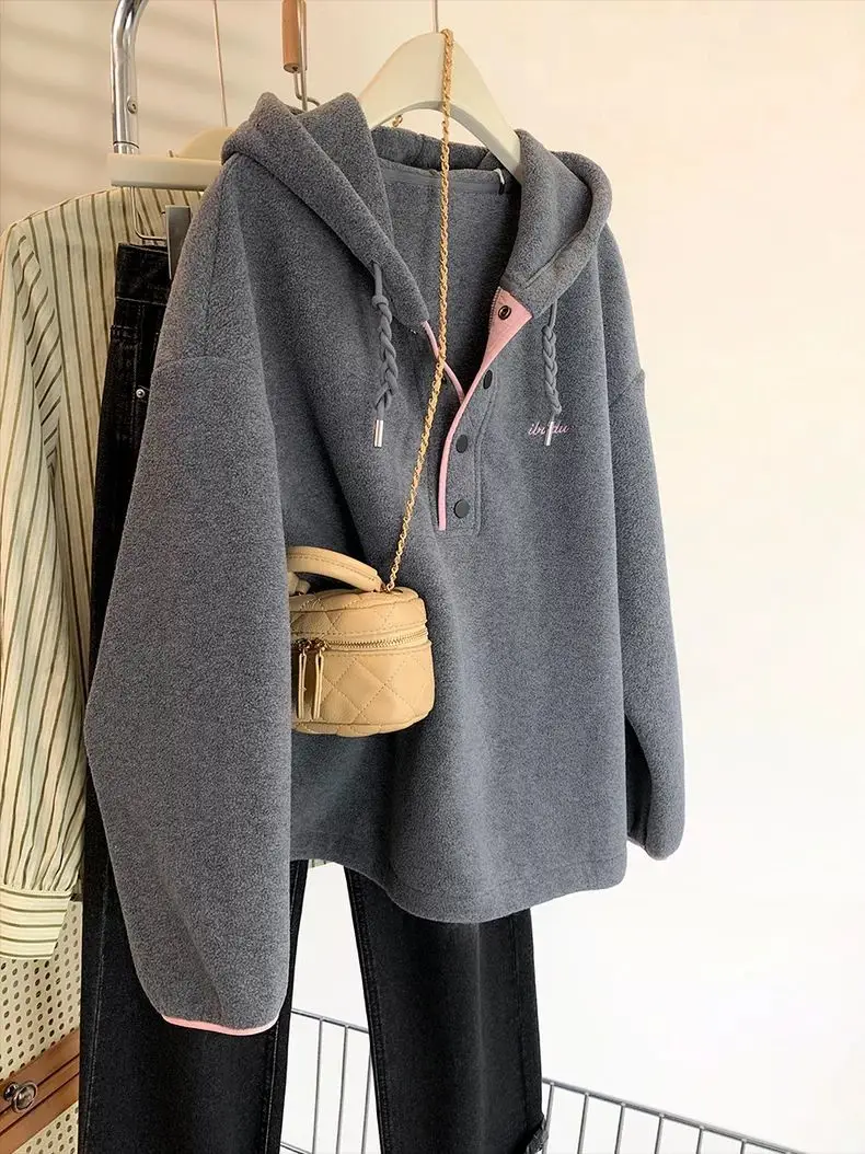 

Женская толстовка больших размеров с вышивкой, утепленная, оверсайз, осенне-зимняя, теплая, с длинным рукавом, в уличном стиле