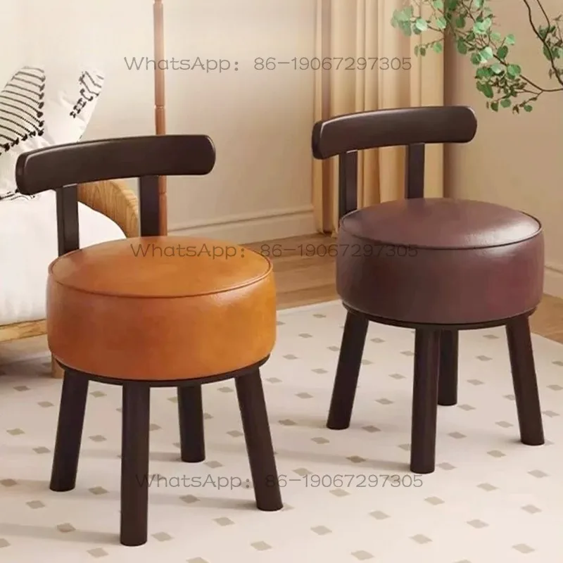 Tabouret rond en bois massif avec dossier surélevé et assise rembourrée, idéal pour la maison, comme chaise de change de chaussures ou siège de canapé