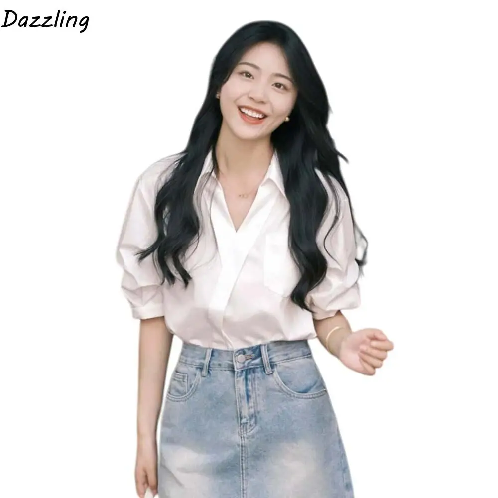 

Милые рубашки с v-образным вырезом и длинными рукавами, топы, короткие приталенные белые блузки в корейском стиле, простая уличная одежда, тонкие женские рубашки на пуговицах