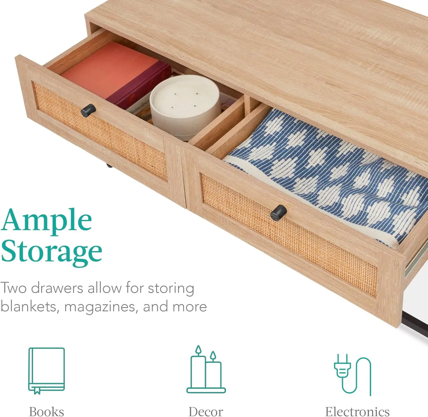 39in Rattan Coffee Table, 2-Drawer Modern Boho Home Furniture for Living Room, Bonus Room w/Wicker Storage Compartments