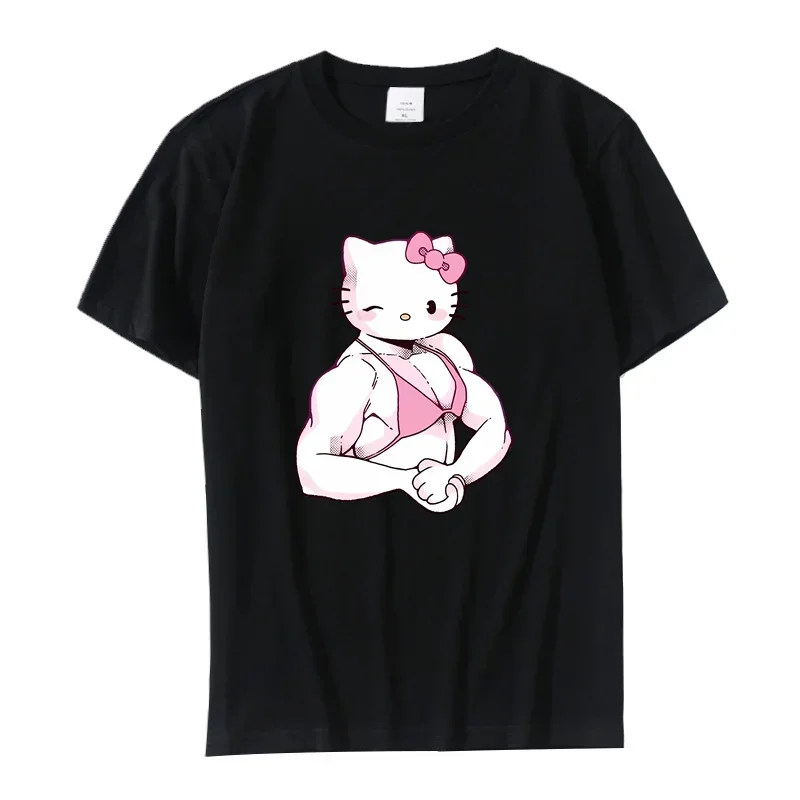 Camiseta con estampado de Hello Kitty y sus amigos de salsa de gato negro, Top de dibujos animados con estampado muscular de Anime Cinnamonroll, manga corta para mujer