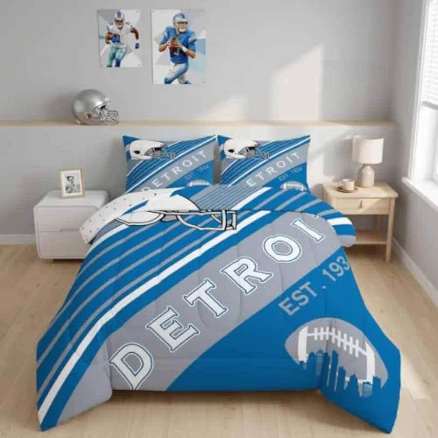 Erosebridal Sports Football Bedding Comforter Sets White and Sky Blue Rugby Helmet Bedding, Football Themed Comforter Set Retro