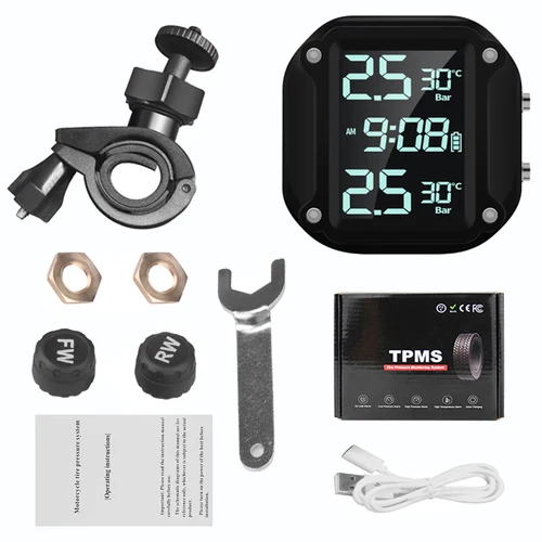Imagen 1 del producto Sistema de alarma de monitoreo de temperatura de neumáticos de presión de neumáticos de Motor TPMS de motocicleta con 2 sensores externos carga rápida USB magnética