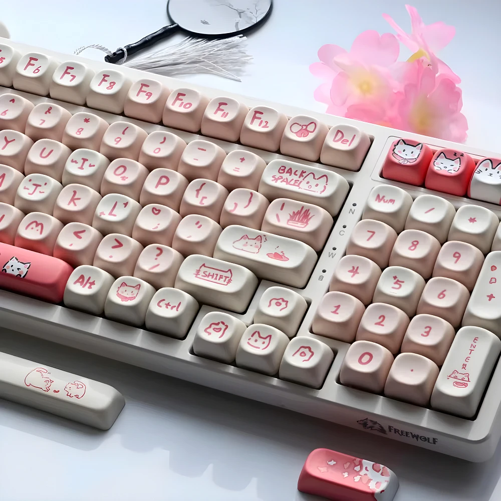 

Cute Pink Pussycat 145 Keys MOA Keycap Set PBT Girl Gift Large Set for 60/64/84/98/108 Gaming Mechanical Keyboard MX Switch