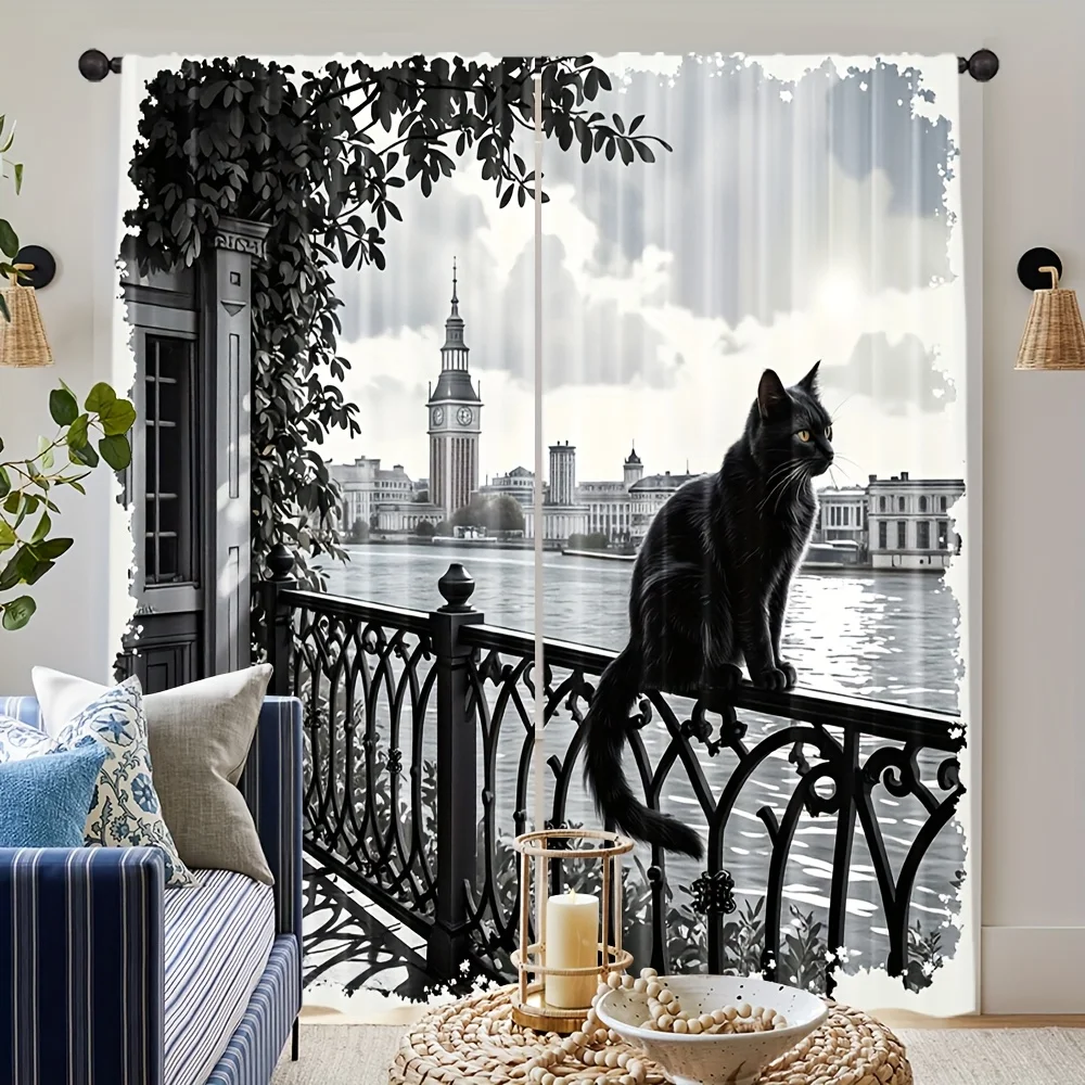 Black Cat Curtain, London River View Balcony Window Drape, Vintage Cityscape Pet Decor for Living Room Retro Home Textile Fabric