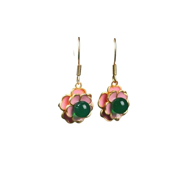 

Chinese lotus pearl earrings retro premium earrings drop glue enamel court camellia pearl stud earrings