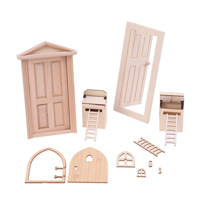 1 Set 1/12 Dollhouse Miniature Wood External Single Door Wooden Window Frame DIY Accessories Doll House Furniture Toys